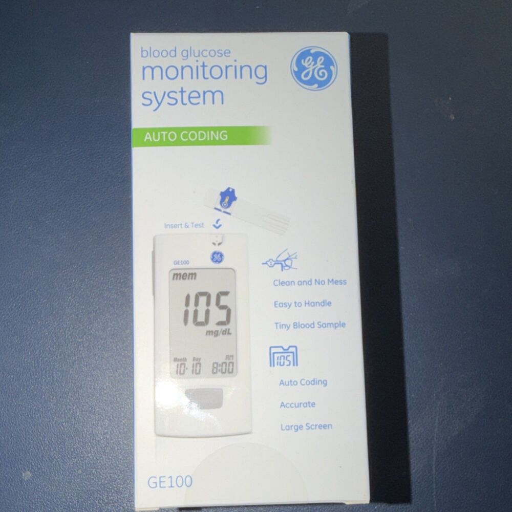 GE GE100 Digital Glucose Monitor GM555 Auto Coding Accurate Large Screen White